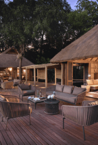 The outside lounge and deck area at Nxabega in the Okavango Delta offering a beautiful tented camp.
