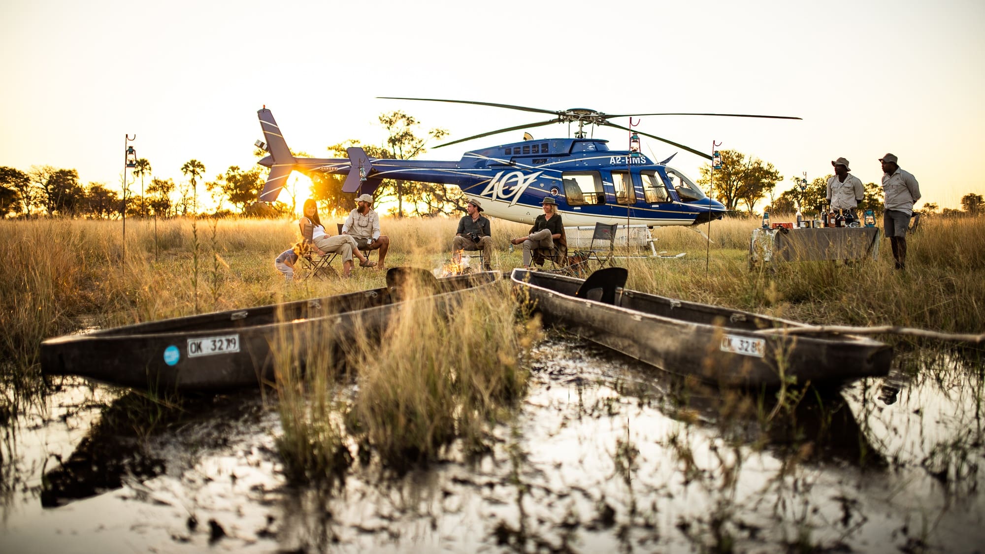 A helicopter experience followed by a Mokoro trip and sundowners in the Botswanan bush, Okavango Delta with Beagle Expeditions